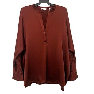 VINCE 100% Silk Copper Rust Banded Collar Blouse Pullover V-Neck Womens XXXL NWT